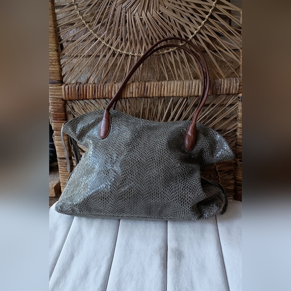 Sorial Handbags - Sorial Gray Snakeskin Textured Shoulder Bag with Brown Handles